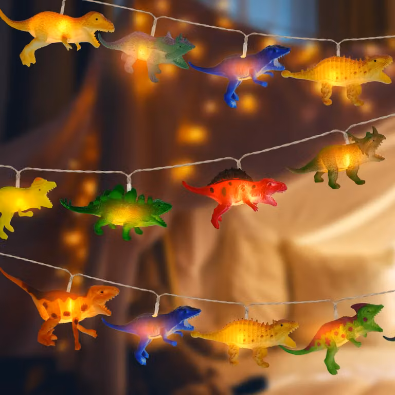 Catena luminosa a forma di dinosauro, con 10 LED, lunghezza 1,5 metri, luce bianco caldo, alimentata a batteria