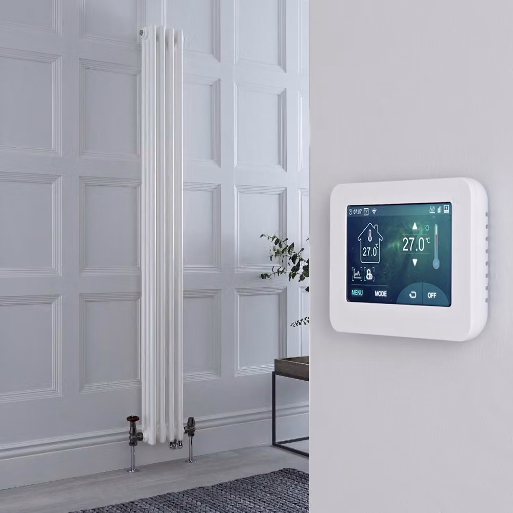 Radiatore Misto Verticale Triplo Regent Bianco con Valvole in Ottone Anticato, Termostato WiFi e Display Touchscreen, H: 180 cm, L: 20 cm