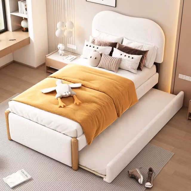Letto singolo imbottito 90x200 cm con letto estraibile; struttura in MDF; bianco