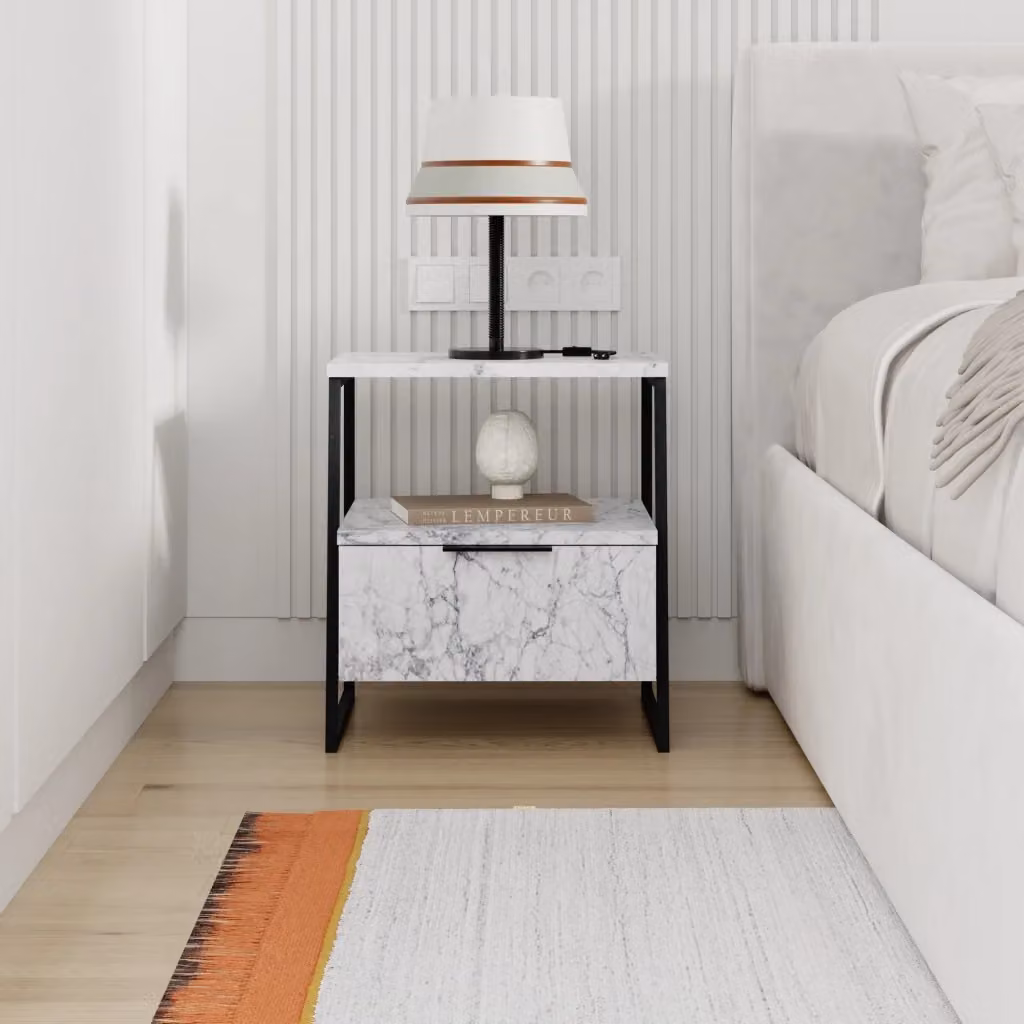 Comodino moderno in legno HANAH HOME colore bianco con decorazione astratta L/P/H: 50 x 40 x 40 cm – 2