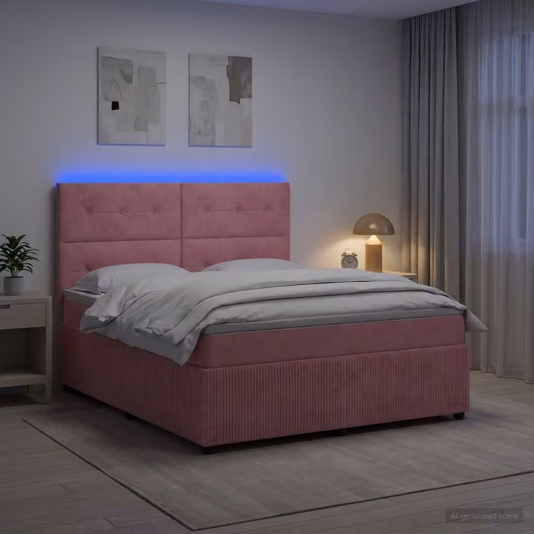 Letto Box Spring vidaXL in Velluto Rosa con Materasso Ibrido e Illuminazione LED, L: 160 cm, P: 200 cm