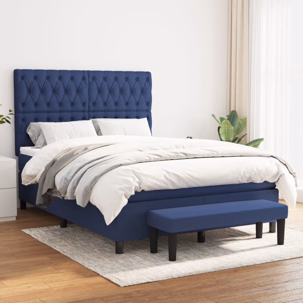 vidaXL Giroletto a Molle Ibrido con Materasso in Tessuto Blu e Bianco L/P: 140 x 190 cm – 1