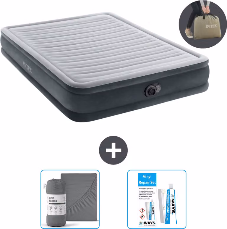 Intex Airbed - 2 persone - 152 x 203 x 33 cm - Grigio - Incluso pompa - lenzuolo e kit di riparazione