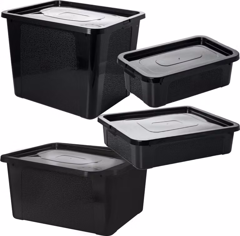 4 contenitori in plastica Multibox con coperchio, neri, da 4,5 L, 10 L, 20 L, 30 L