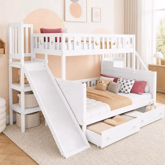 Letto a castello per bambini bianco 90x200/140x200 cm con scivolo e cassetti