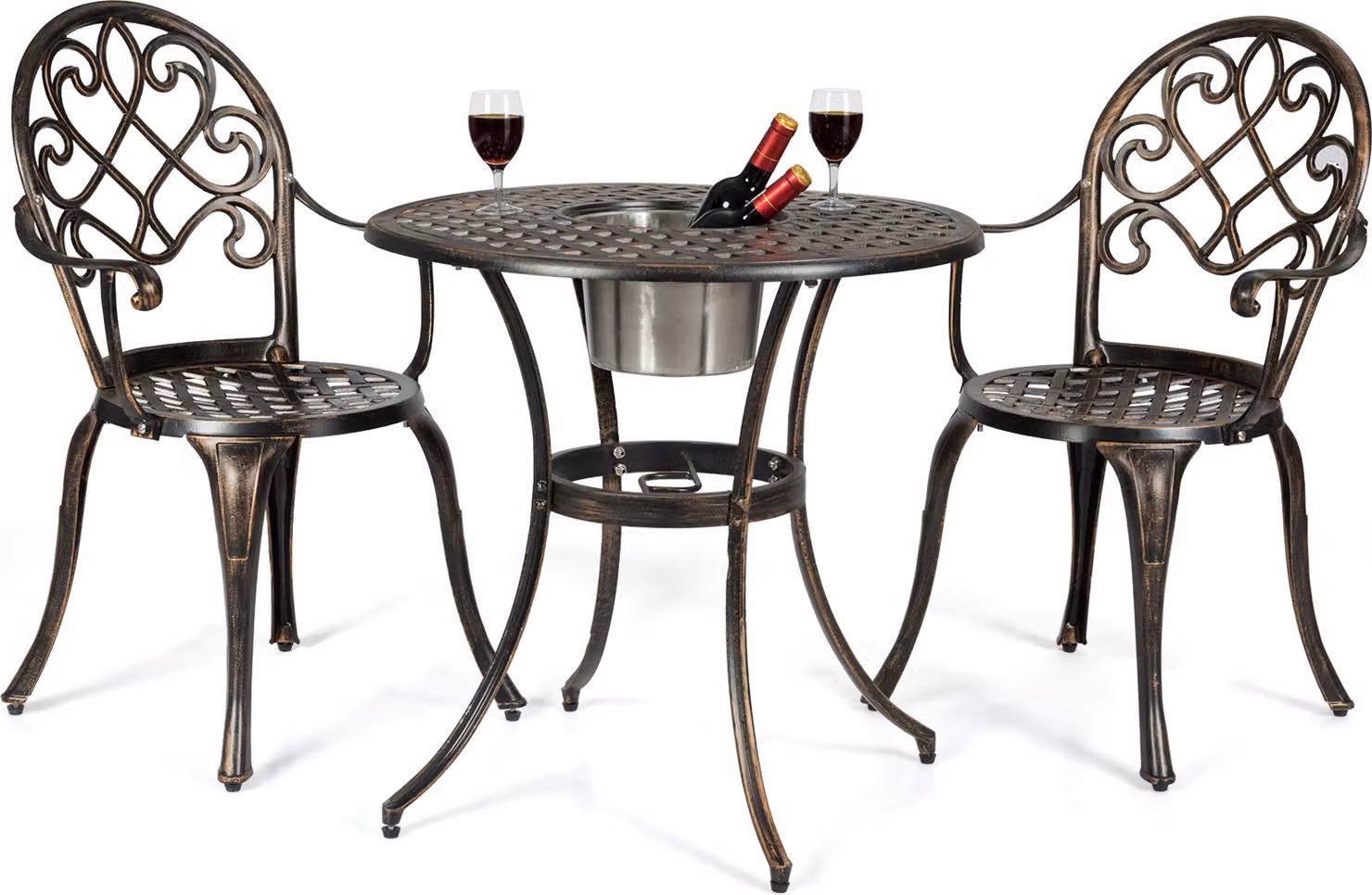 COSTWAY Set bistrot 3 pezzi con 2 sedie e tavolino, tavolo rotondo con secchiello per il ghiaccio rimovibile e 2 sedie in alluminio fuso, set di mobili da giardino per veranda, terrazza e giardino