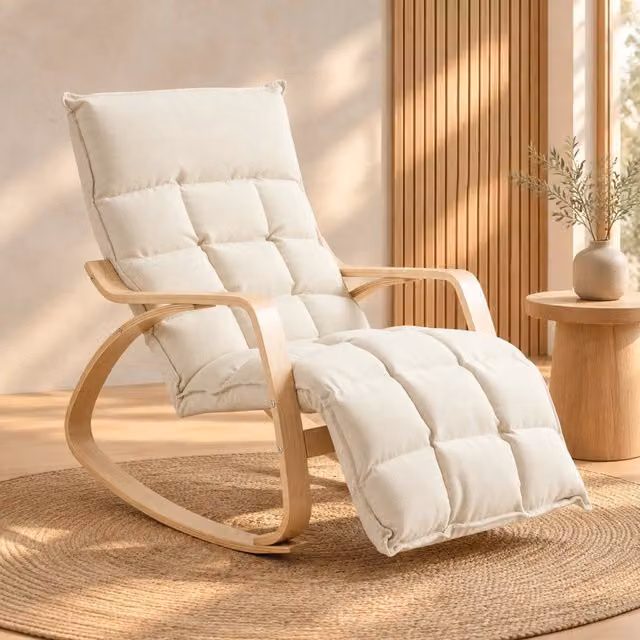 Poltrona a dondolo 123x67x92 cm crema con poggiapiedi regolabile, tessuto e acciaio