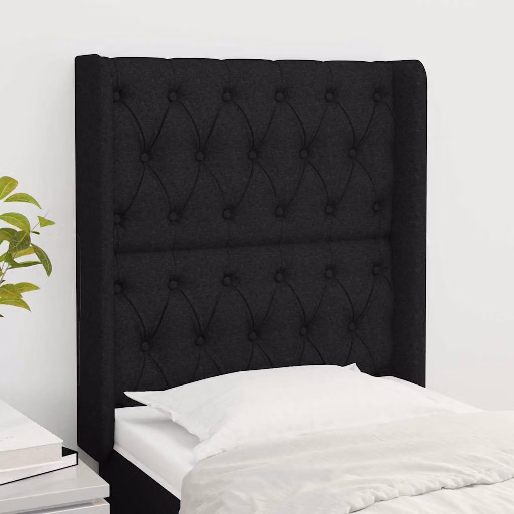 Testiera ad orecchio vidaXL in tessuto nero con struttura in legno e larice, L: 83 cm, P: 16 cm, H: 118-128 cm