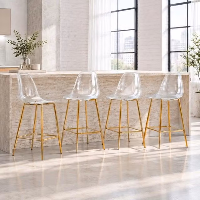 Set di 4 sgabelli da bar trasparenti con struttura in metallo in argento, oro o nero, design moderno per cucina o sala da pranzo
