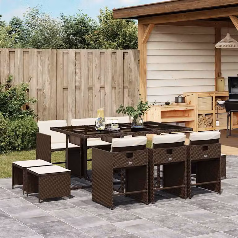 vidaXL Set da Pranzo da Giardino 11 pz in Polyrattan Marrone con Cuscini e Tavolo in Vetro