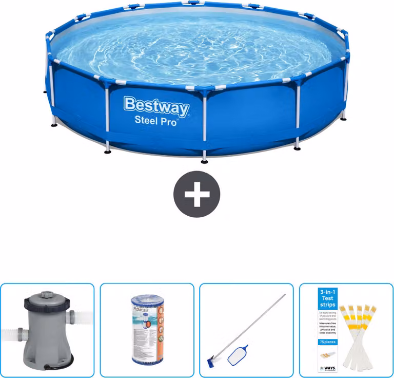 Piscina Bestway Round Steel Pro - 366 x 76 cm - blu - compresa pompa - filtro - kit di pulizia - strisce reattive
