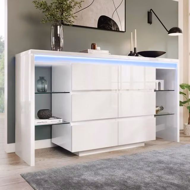 Credenza e madia LED con 6 cassetti e 4 ripiani in vetro per soggiorno, in legno, bianco lucido, 155 × 40 × 80 cm