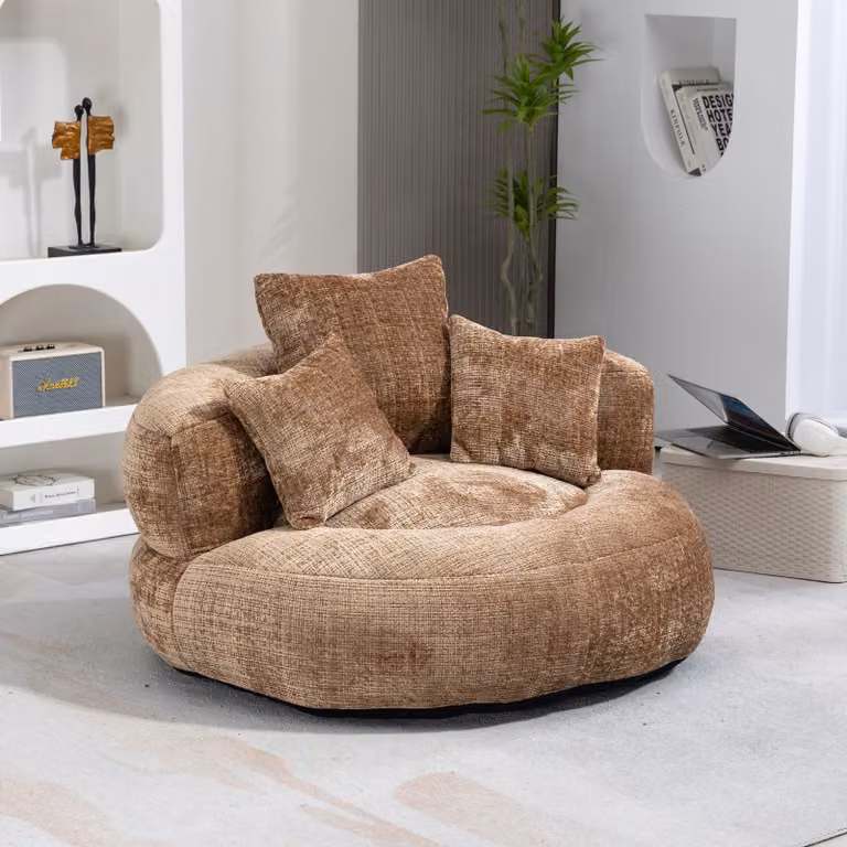 MODFU Lazy Sofa Pouf Letto pieghevole Poltrona relax Letto imbottito, extra largo con 3 cuscini, color caffè in ciniglia