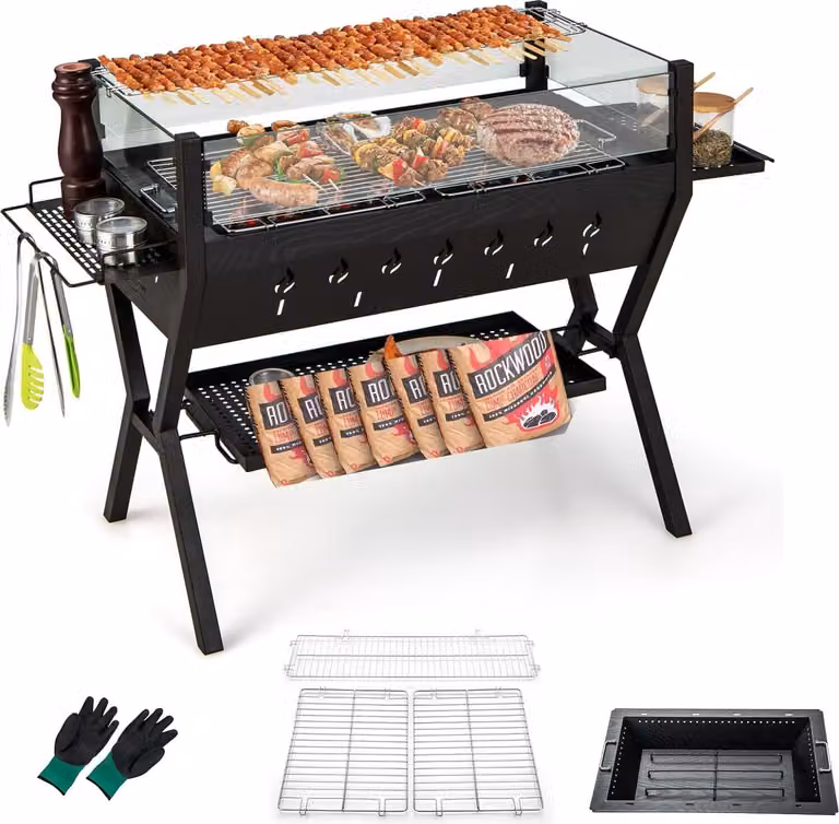 Barbecue a carbonella KOMFOTTEU in acciaio inossidabile, barbecue da campeggio con paravento e portaspezie, barbecue da giardino con guanti e griglia in metallo inclusi