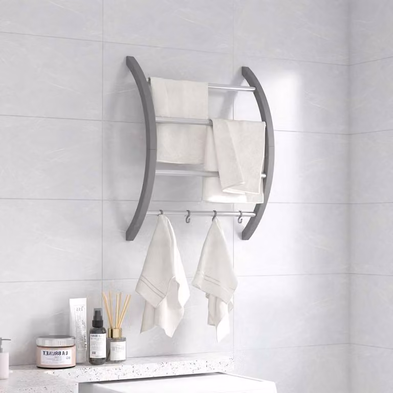 Portasciugamani con ganci vidaXL in alluminio e plastica, colore argento, da appendere al muro, L: 56 cm, P: 16 cm, H: 72 cm