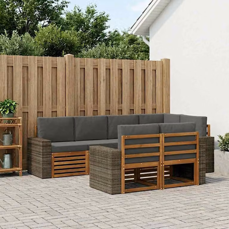 vidaXL Set di divani da esterno a L composto da 7 pezzi in legno di acacia con cuscini in poliestere antracite e beige