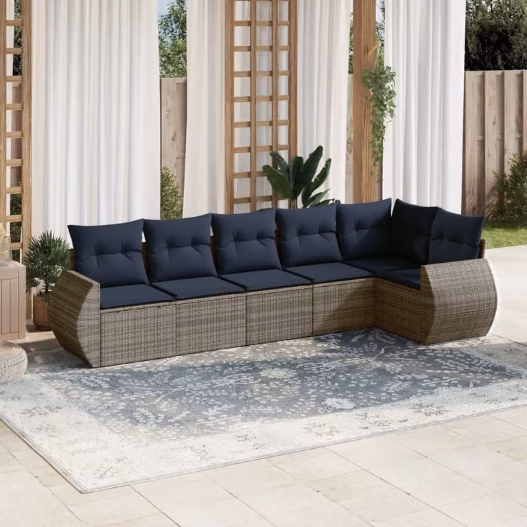 Set di divani da giardino vidaXL in rattan e metallo con cuscini grigi e blu, design moderno a forma di L per esterno
