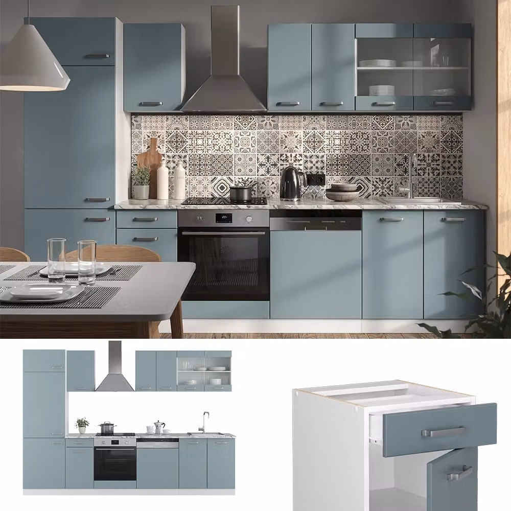 Cucina componibile moderna R-Line Vicco Grigio-blu/Bianco con piano in Rovere L: 300 cm – 2