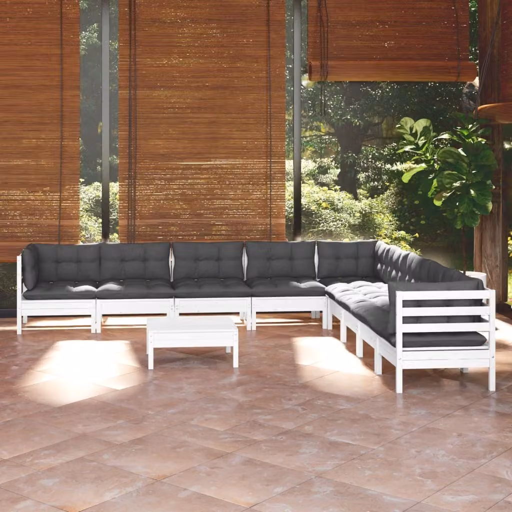 The Living Store Set salotto da giardino 10 pezzi con cuscini in legno di pino massiccio bianco