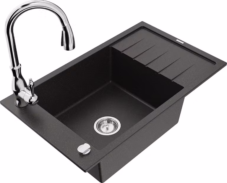 Mexen Elias lavello in granito a 1 vasca con scolapiatti e rubinetto da cucina Savita, nero/oro metallizzato- 6511-75-672601-00