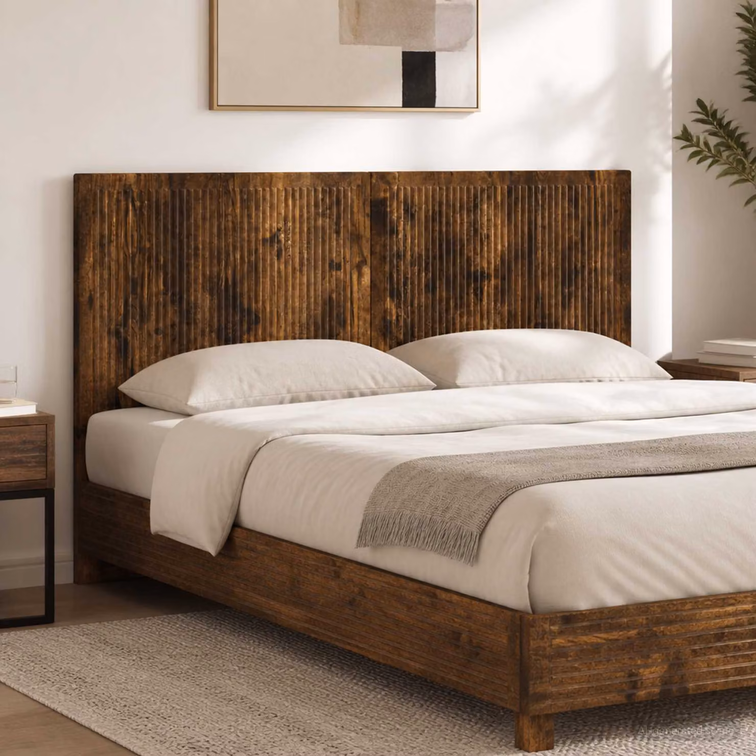 Testiera da muro vidaXL EDE in legno ingegnerizzato Rovere Fumo con mensola integrata, L: 120 cm, H: 50 cm, P: 10,25 cm