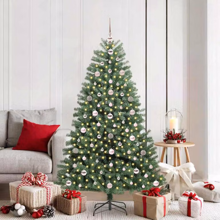 Albero di Natale artificiale moderno vidaXL verde con luci LED bianco caldo e rami pieghevoli in PVC e metallo, Altezza: 180 cm