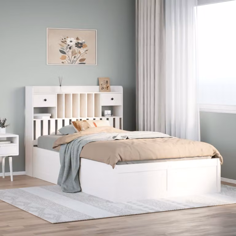 Letto per adulti vidaXL in legno massello di pino bianco con cassetti e mensola laterale stile rustico L/P/H: 219,5 x 141,5 x 110,0 cm