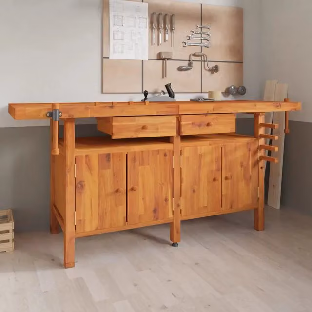 Banco da lavoro con cassetti e morsa vidaXL in legno di acacia marrone L/P/H: 192 x 62 x 83 cm – 1