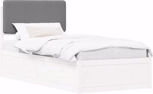 Letto singolo per adulti con testiera rivestita in tessuto grigio e struttura in legno di pino L/P/H: 205.5 x 80 x 85.5 cm