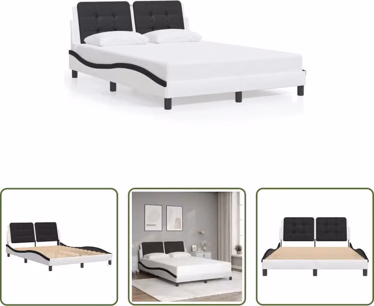 The Living Store Struttura letto con testiera bianca e nera 140x200 cm in ecopelle