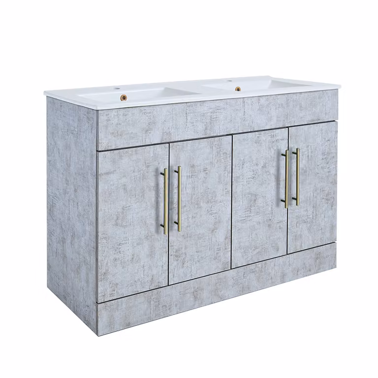 Mobile Bagno a Terra Grigio Cemento da 1210mm con Doppio Lavabo e Maniglie con Barra a T in Oro Satinato - Cluo