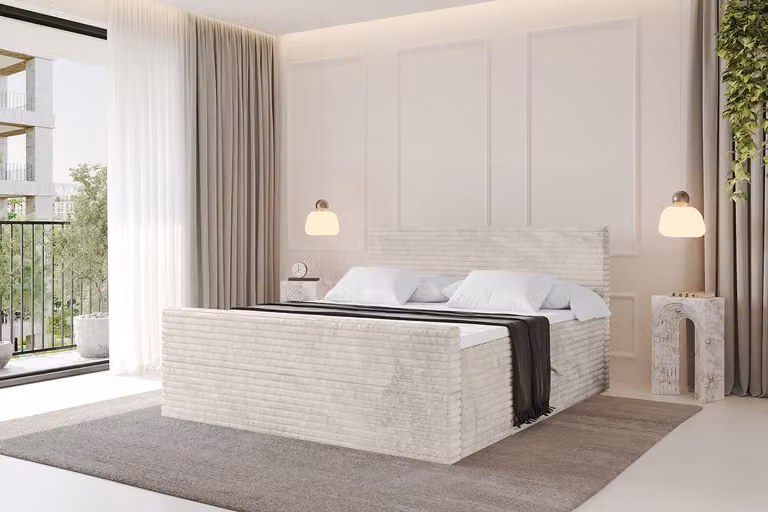 Letto boxspring ALTDECOR con pediera - TOLO-v1-Z 140x200 in velluto - Crema - Set completo con materasso a molle Bonell e topper, letto imbottito con materasso H3 e cassetti, rete a doghe, letto con contenitore, letto matrimoniale, letto box