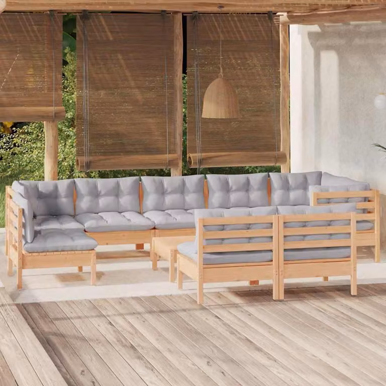 Set di divani da giardino vidaXL in legno di pino massello con cuscini grigi, composizione a L con elementi angolari, divano a 3 posti e pouf