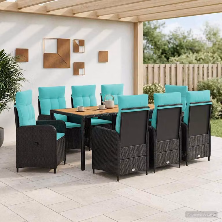 Set da pranzo per esterni vidaXL in polyrattan e legno di acacia, 9 pezzi, nero e turchese