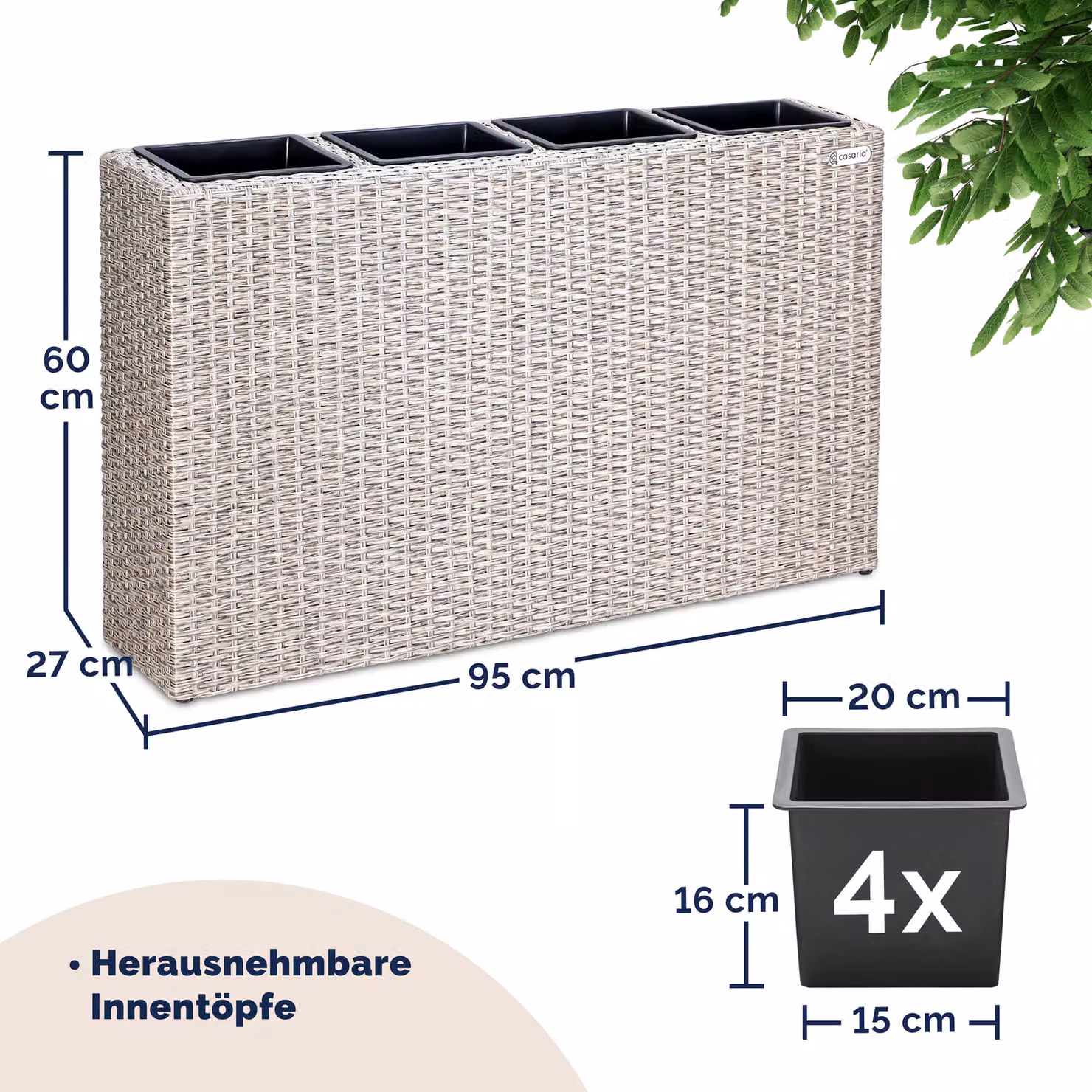 Fioriera a 4 vasi Casaria in polyrattan color beige L: 95 cm, P: 27 cm, H: 60 cm – 2