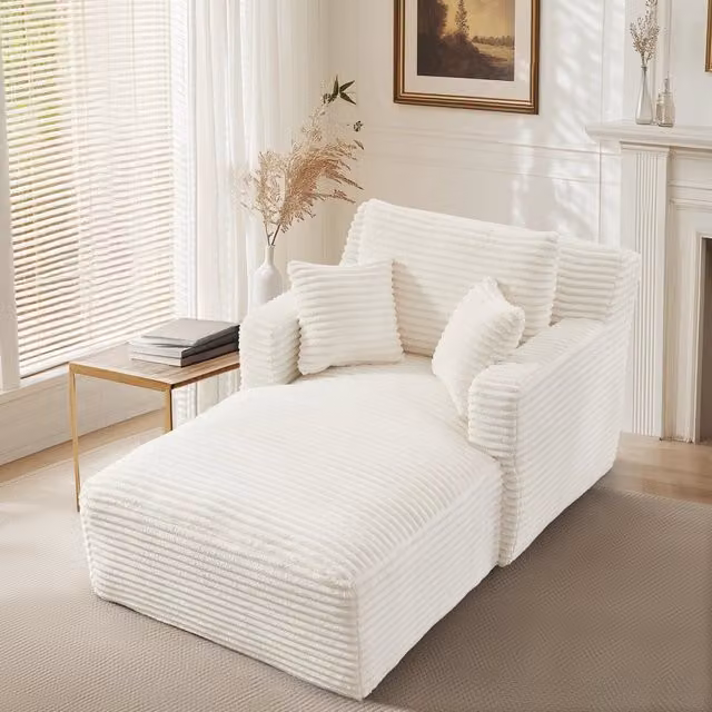Divano letto moderno Mivray a forma di L con chaise longue, rivestito in velluto a coste beige o bianco, ideale per soggiorno e ufficio in casa