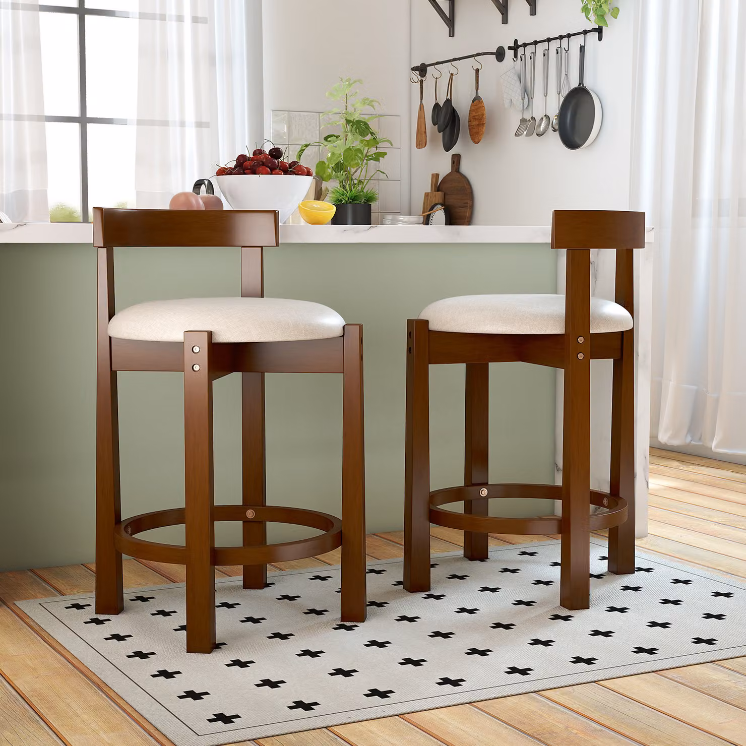 Set di 2 sgabelli da bar Costway in legno con schienale e poggiapiedi, colore noce, Altezza: 62 cm
