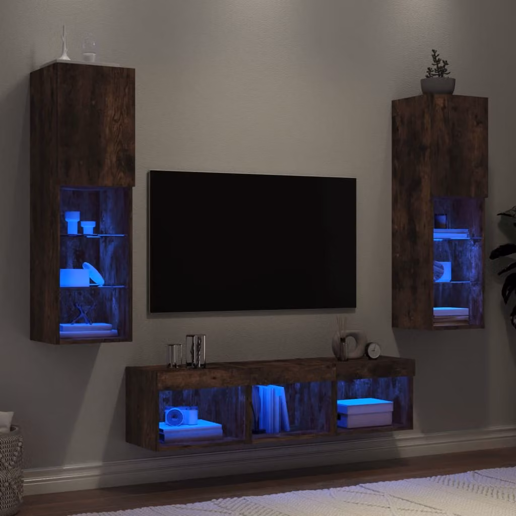 Mobile TV da parete vidaXL in legno multistrato Rovere Fumo con illuminazione LED integrata, set da 5 pezzi, L: 120 cm, P: 40 cm, H: 30 cm – 1