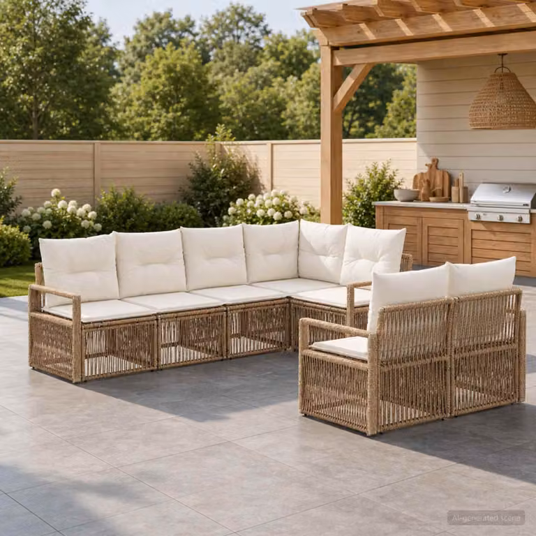 Set Divano da Giardino vidaXL a 7 posti in Polyrattan Beige con Cuscini e Struttura in Acciaio