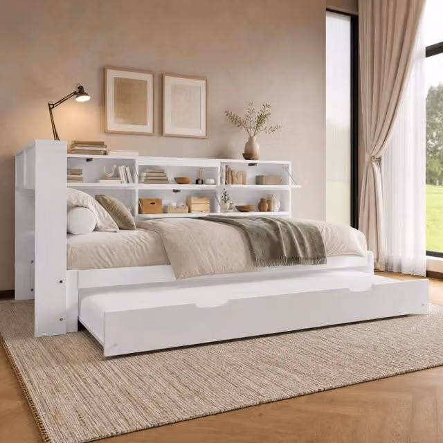 Letto da giorno ULEVR 90x200 cm con letto estraibile, testiera contenitore e USB/Type-C, bianco