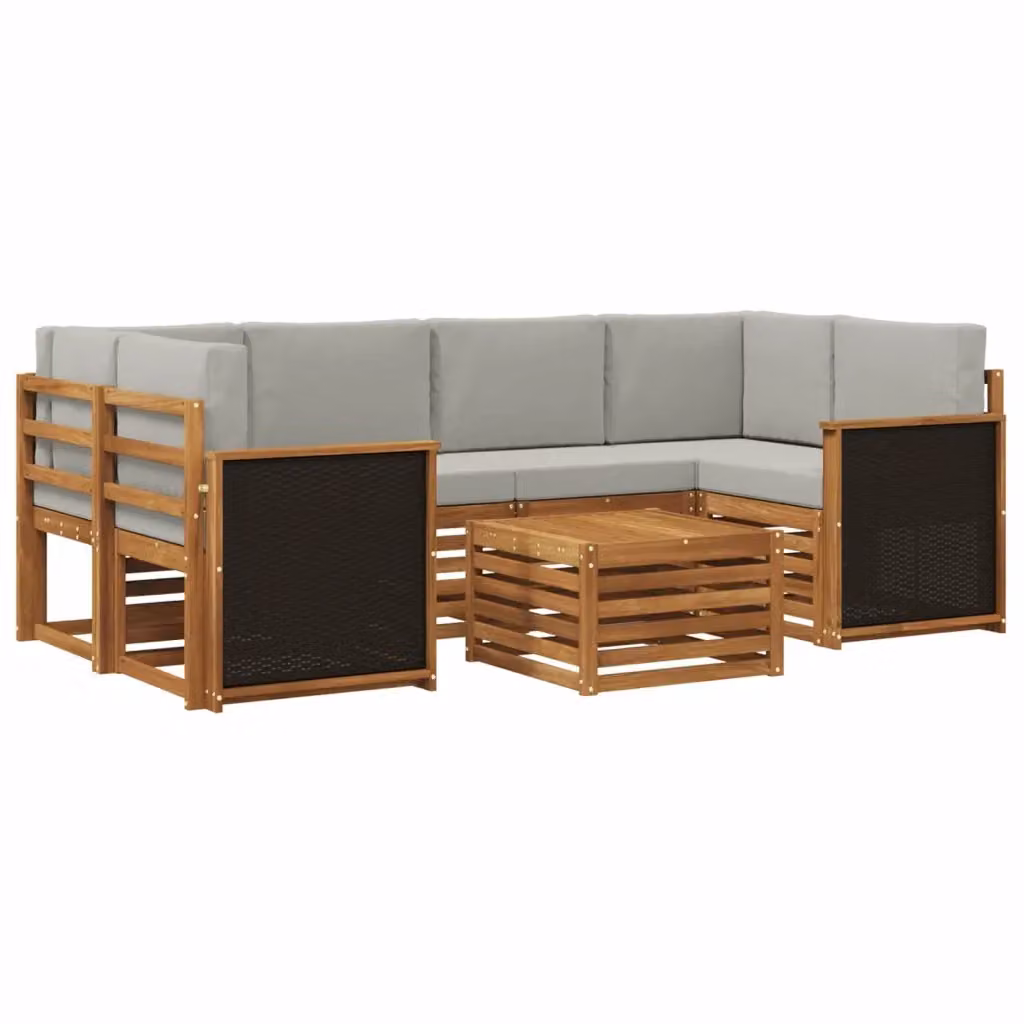 Set di divani da esterno a L con tavolino vidaXL in legno di acacia, 7 pezzi, Beige e Grigio – 2