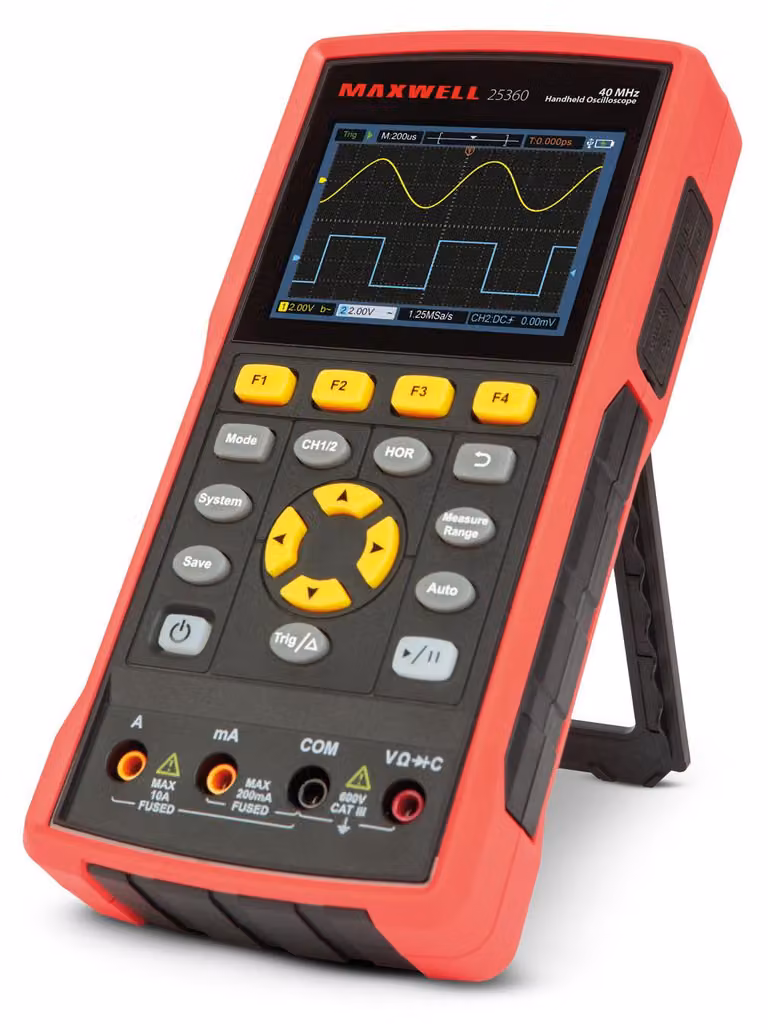 Oscilloscopio portatile con funzione multimetro – Display a colori da 3,5" – Larghezza di banda 40 MHz – 2 canali – 400 V CA/CC – Alimentazione a batteria – Per elettronica, manutenzione e formazione [25360]