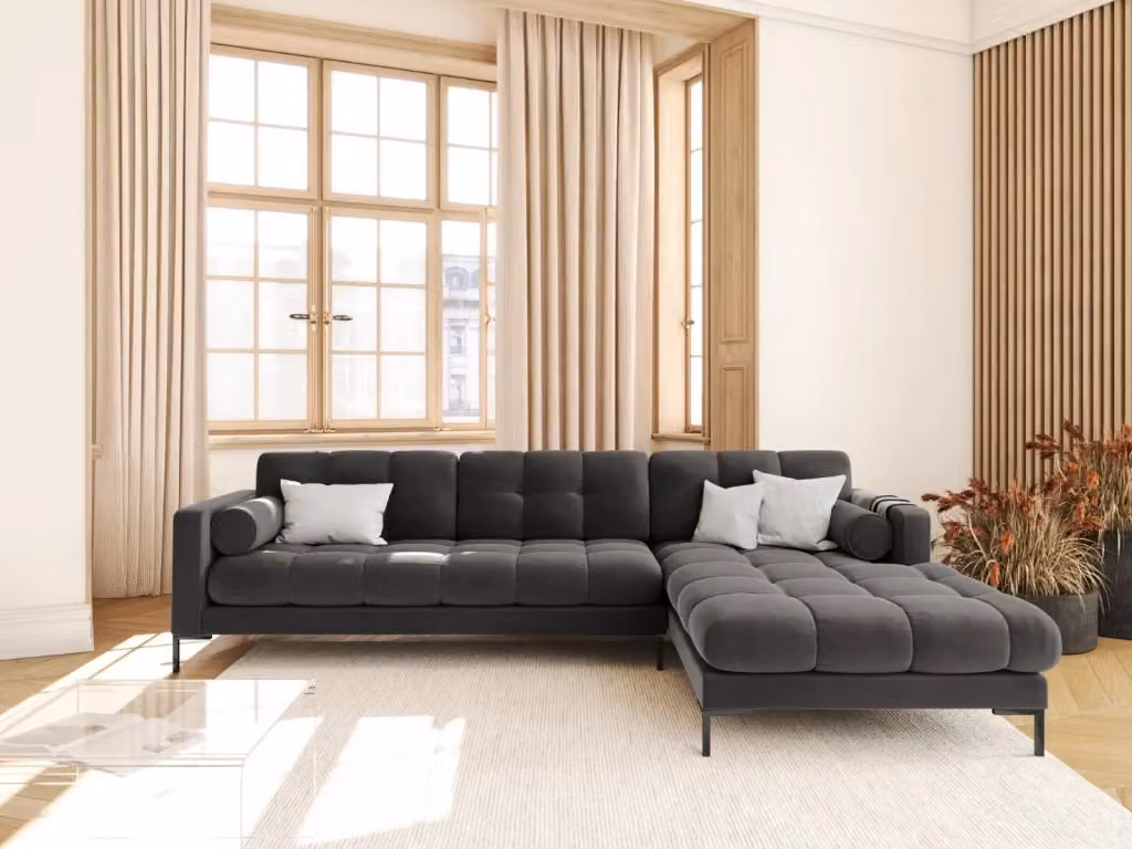 Divano angolare destro Bali di Cosmopolitan Design in velluto grigio scuro, 5 posti, L 293 x P 185 x H 75 cm – 2