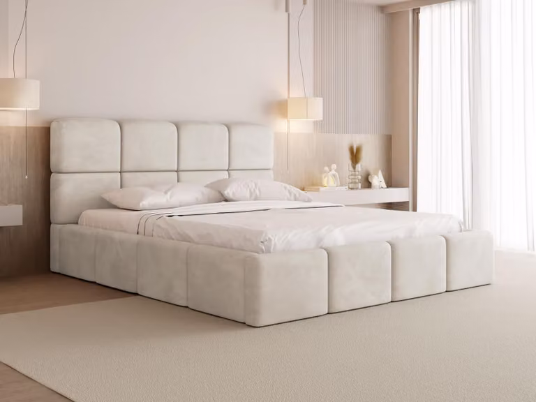 Letto imbottito 120x200 con rete e doghe - Letto bianco con testata alta, tessuto boucle o velluto - Letto matrimoniale moderno con contenitore - Giroletto, senza materasso - Tivio - Crema