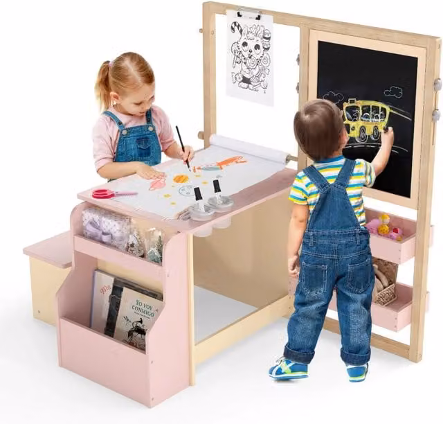 Tavolo e panca multifunzionali per bambini 114 x 81 x 100 cm giocattolo educativo atmosfera accogliente MDF rosa 20_0017495