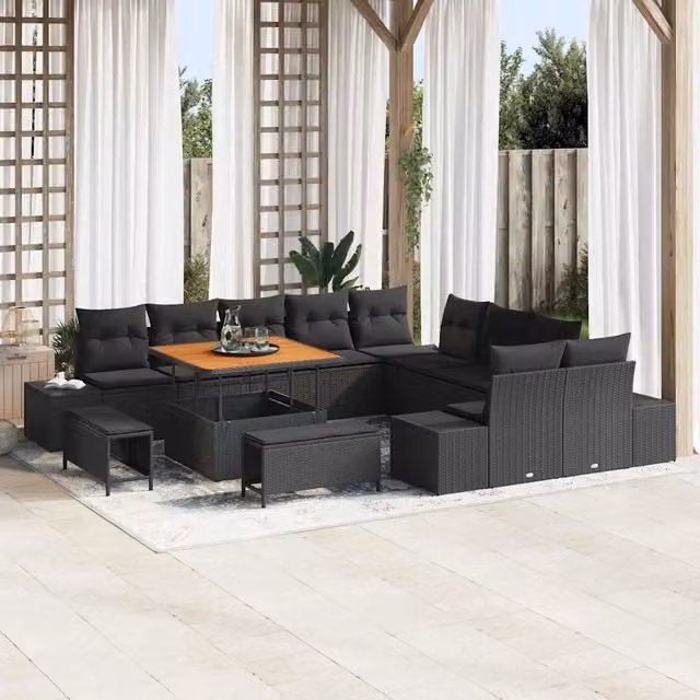 Set Divano da Giardino vidaXL a forma a U in Polyrattan Nero con Cuscini e Tavolino da Caffè – 1