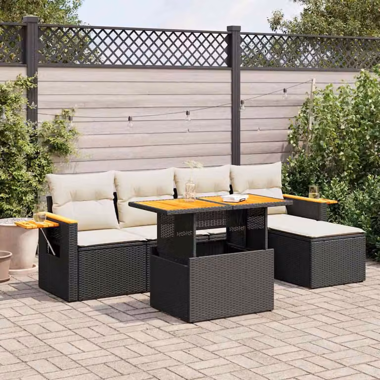 Set Divano da Giardino vidaXL 6 Pezzi in Polyrattan con Cuscini e Tavolino, Design Moderno a L, Colore Nero e Bianco con Struttura in Legno di Acacia