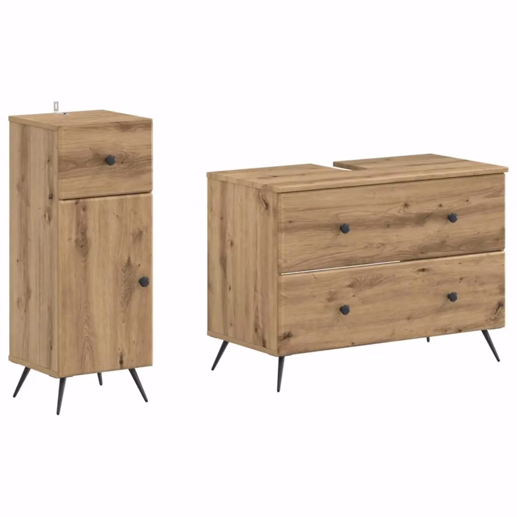 Set di mobili da bagno moderno vidaXL in legno color rovere marrone con ante a cerniera e cassetti interni, L/P/H: 82.0 x 34.55 x 59.0 cm e 41.0 x 59.0 x 82.0 cm – 2