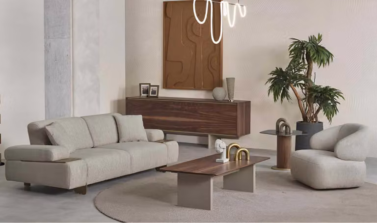 Grau-Beige Wohnzimmer Sofagarnitur Polstersofa Sideboard Couchtisch