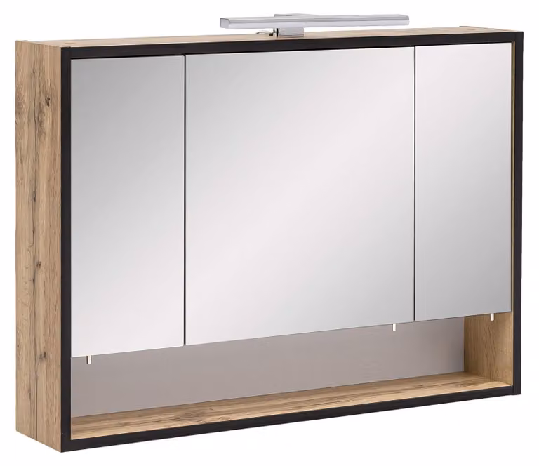Specchio a muro con 3 ante, stile rustico in legno di quercia, dimensioni 80x16x65,6 cm, con illuminazione a LED